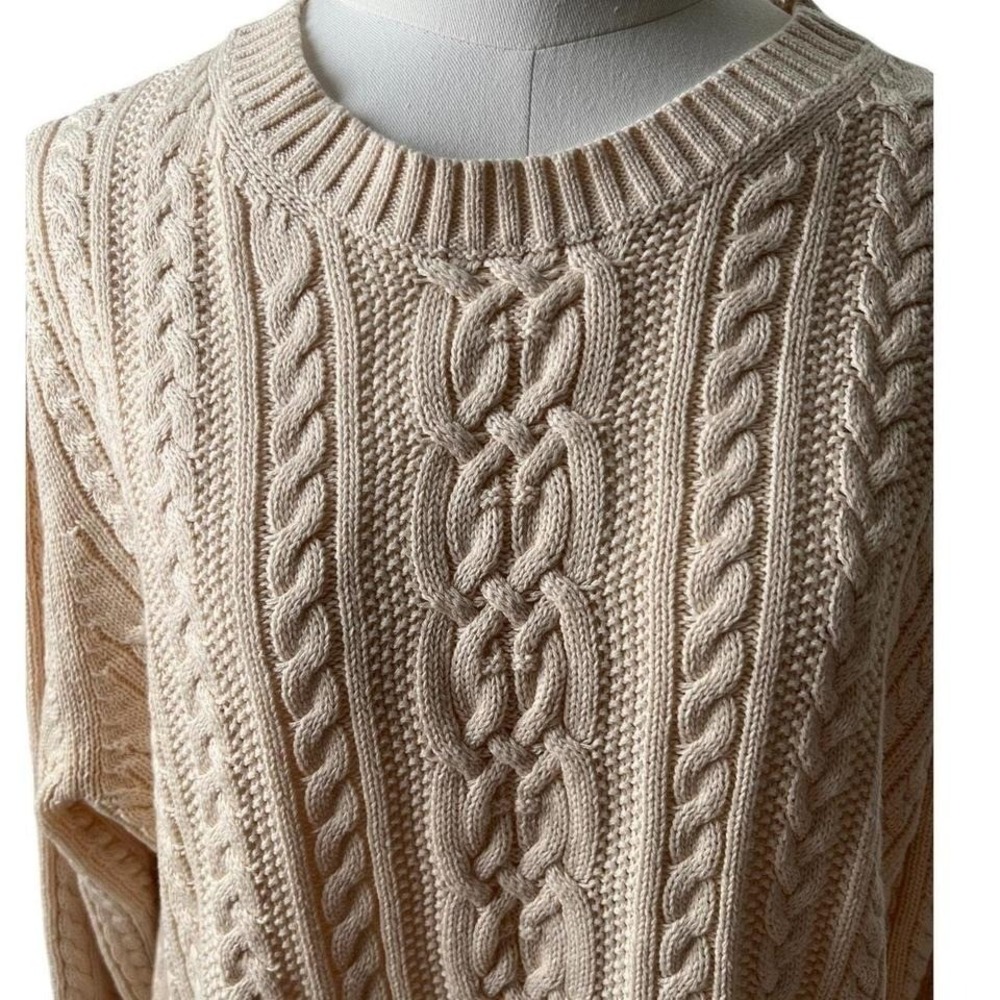 Mens XL Fisherman Cable Knit Sweater Cream 100% Cotton Coastal Prep